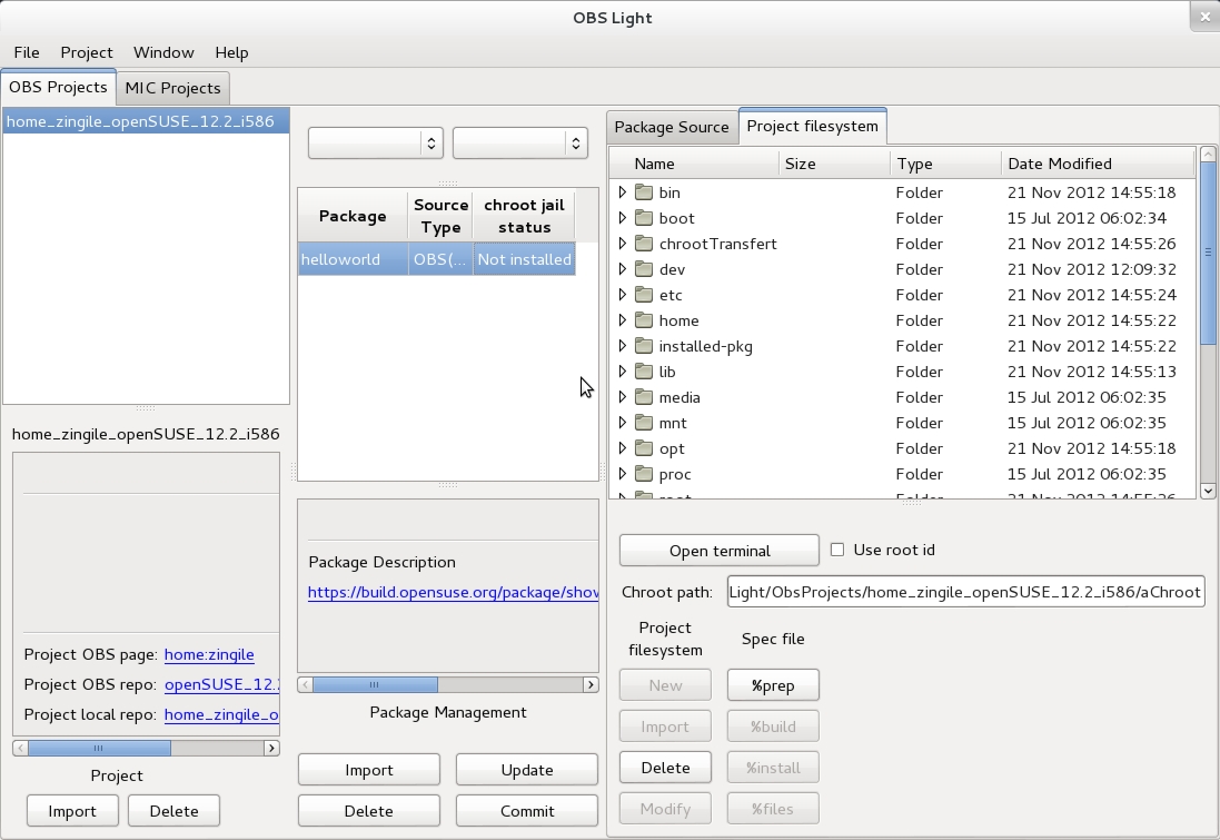 OBS Light GUI create project done